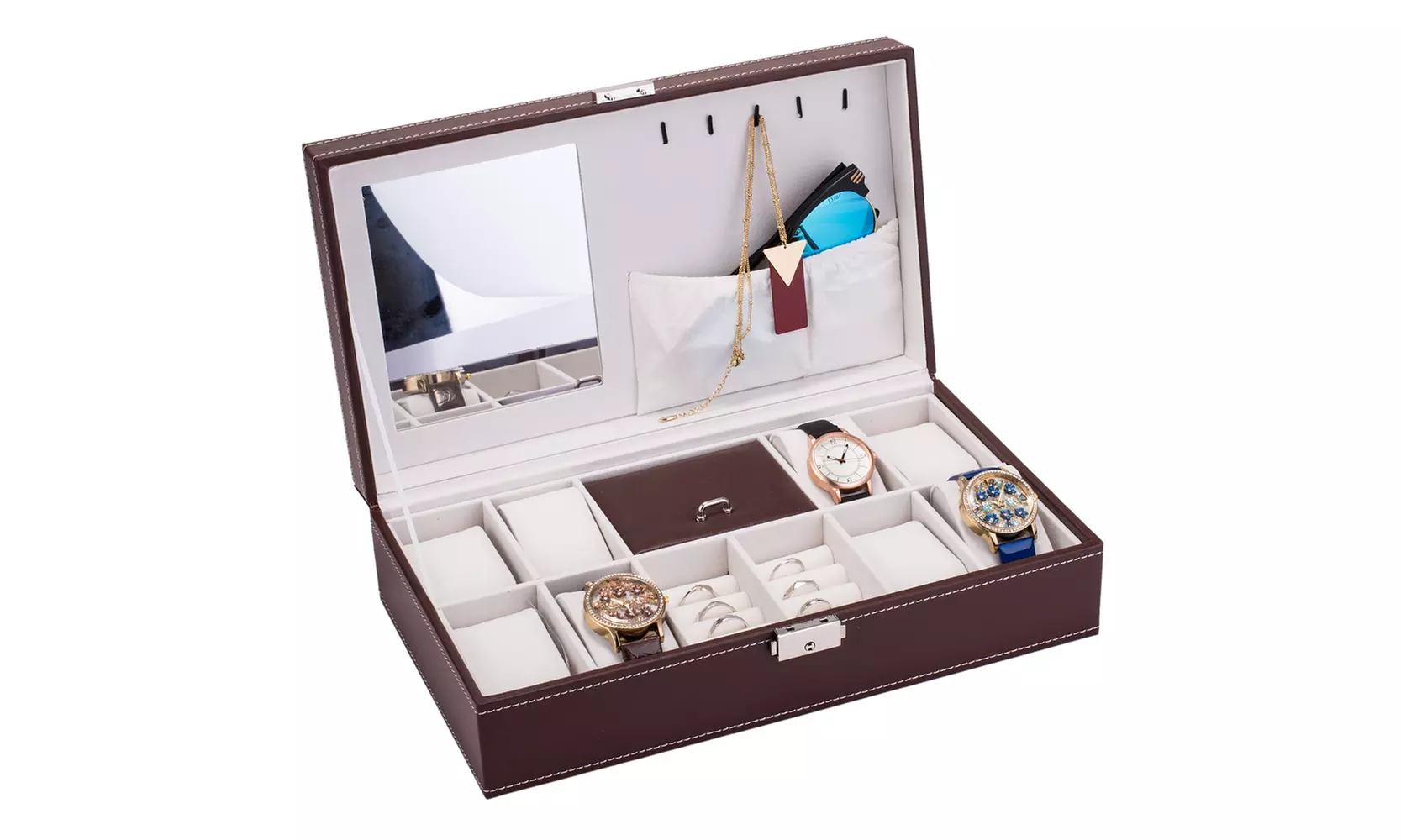 Jewelry Box 8 Slots Watch Organizer Storage Case with Lock and Mirror - Primary Image