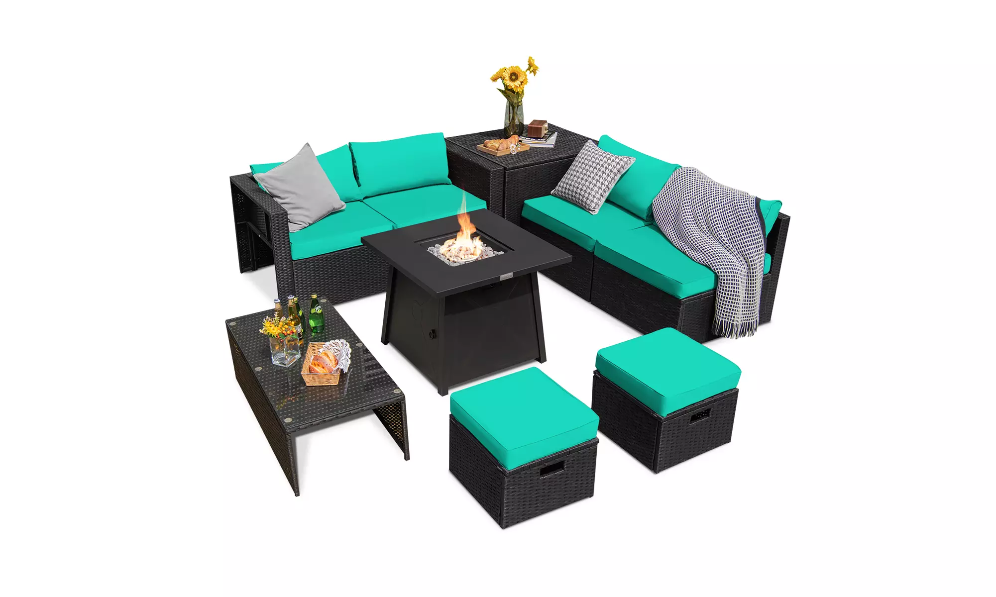 Costway 9PCS Patio Rattan Furniture Set Fire Pit Space-saving W/Cover  Cushion