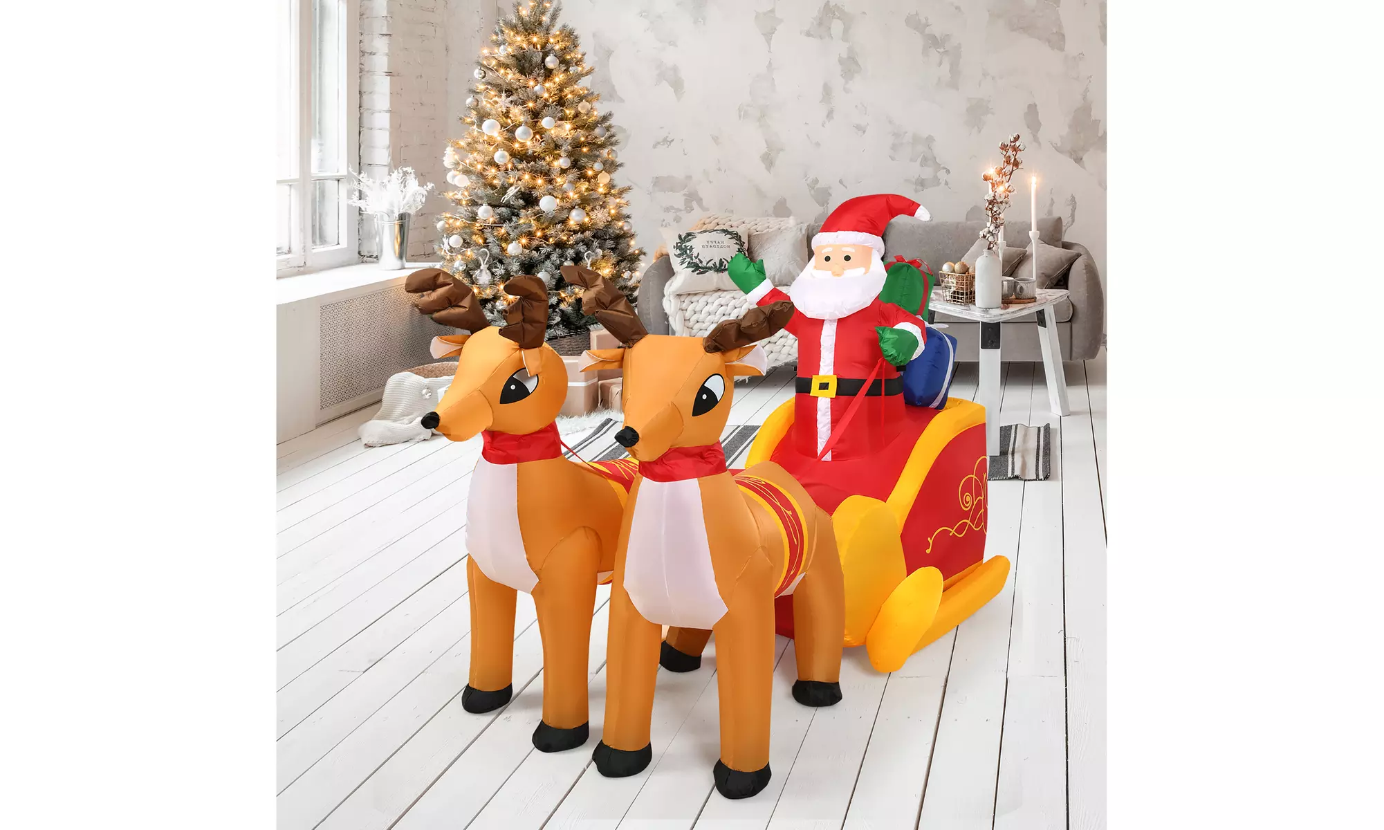 7.5 Ft Inflatable Santa Double Deer w/Sled Christmas Outdoor Decoration