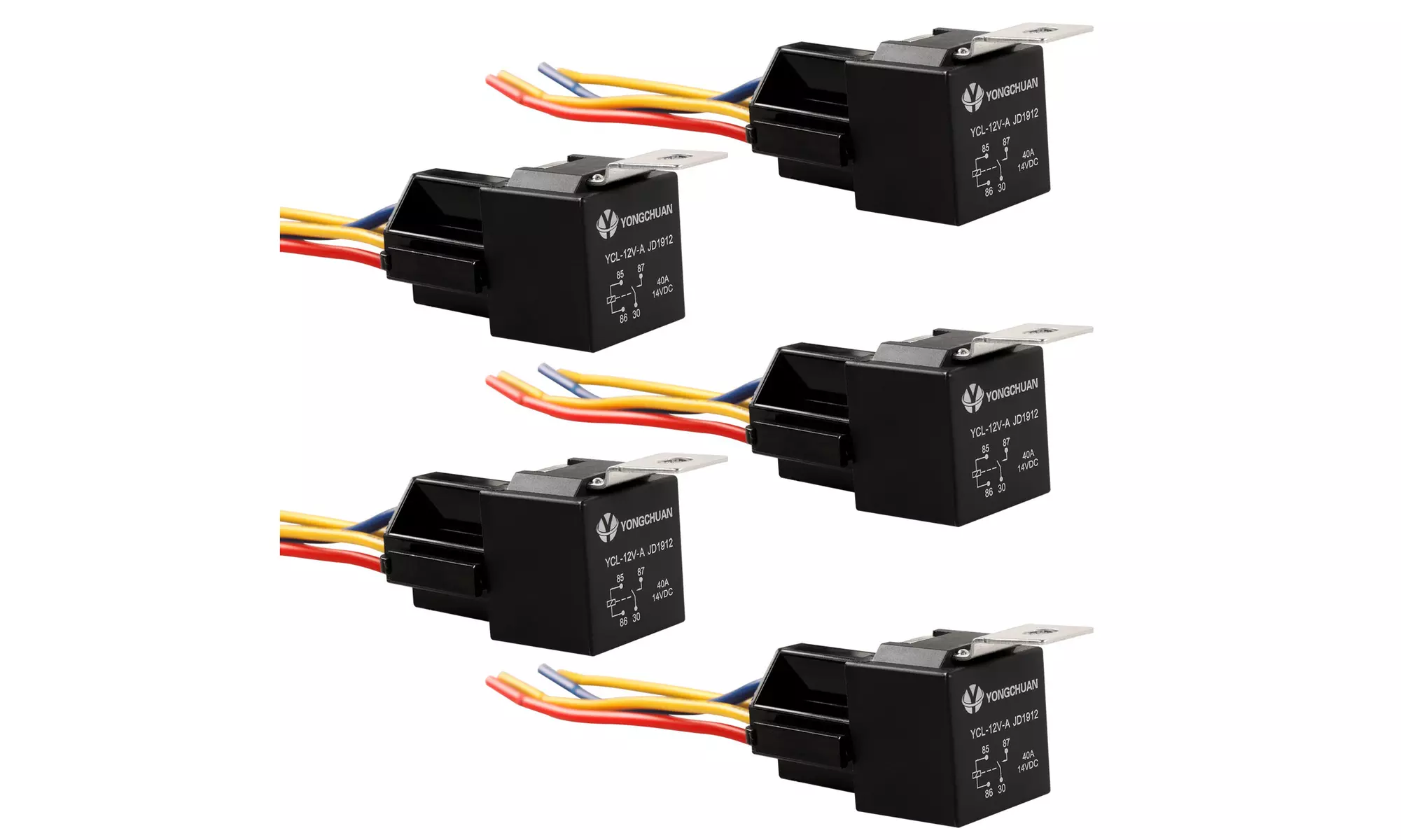 5 Pack 12V 30/40 Amp 4-Pin SPDT Automotive Relay with Wires Harness Socket Set - Primary Image