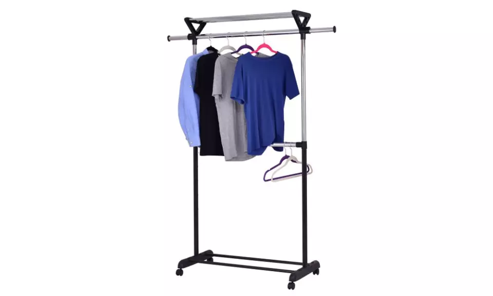2 Rod Garment Rack Adjustable Clothes Hanger Rolling Closet with Top Shelf - Second Medium