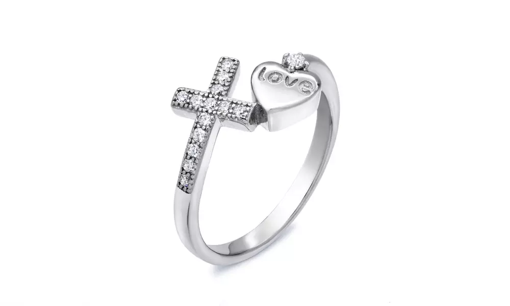 Cross and Heart Ring with Cubic Zirconia Stones Crystals  - Primary Image