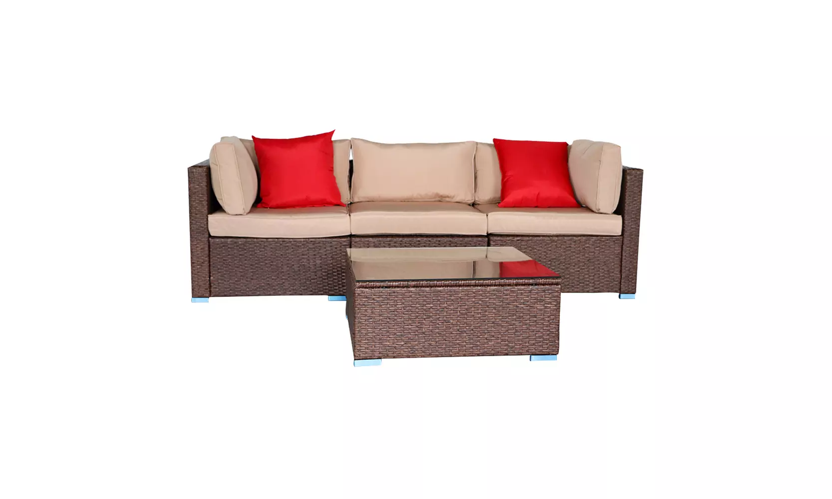 4 Pieces Wood Grain Patio PE Wicker Rattan Corner Sofa Armless Sofa Set w/Tables - Second Medium