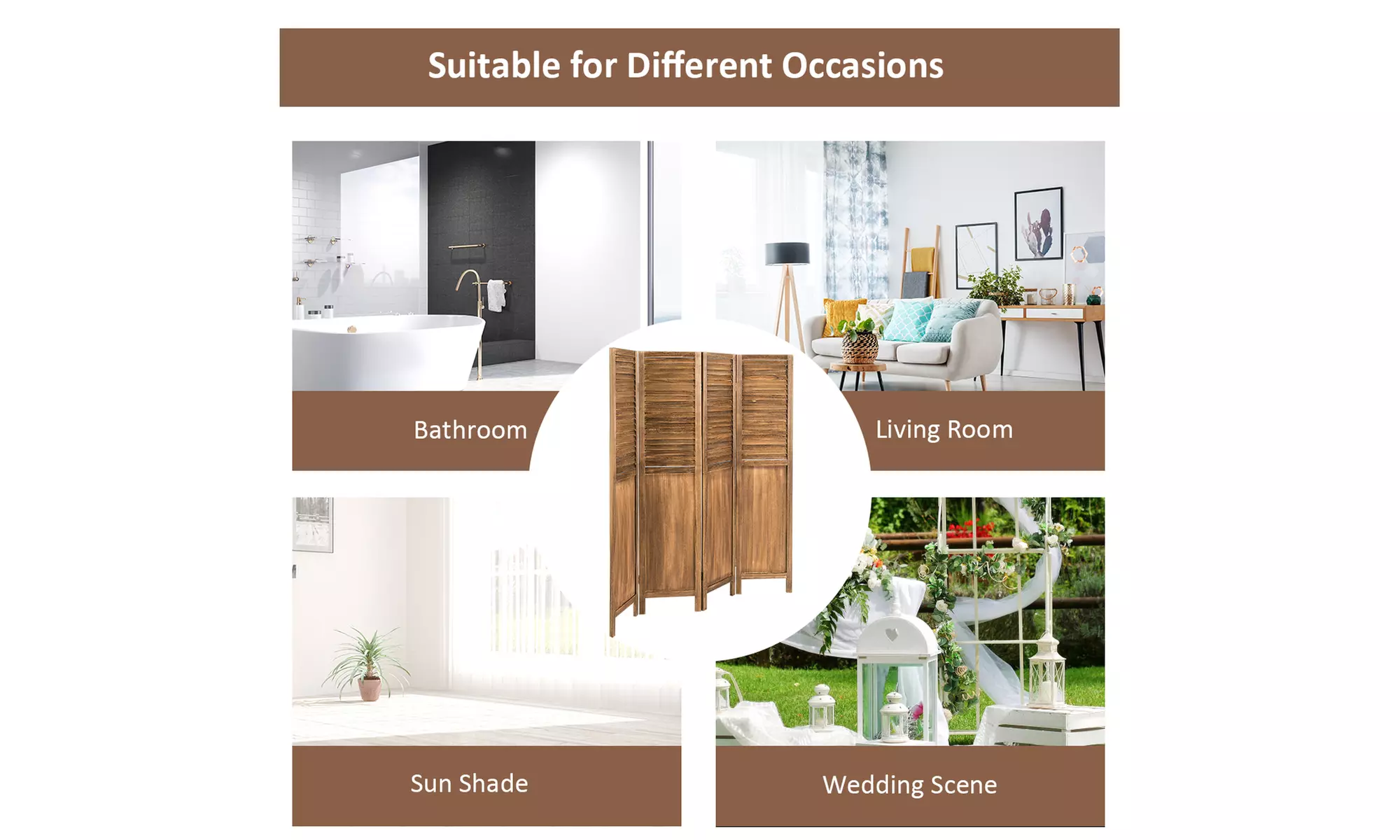 Costway 4 Panel Folding Privacy Room Divider Screen 5.6 Ft Tall Brown