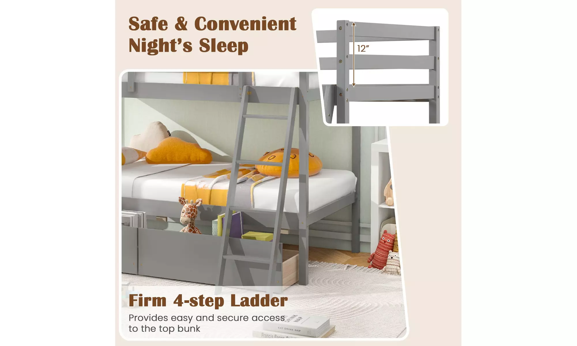 Costway Twin Over Twin Bunk Bed w/ 2 Storage Drawers Ladder No Box Spring Needed