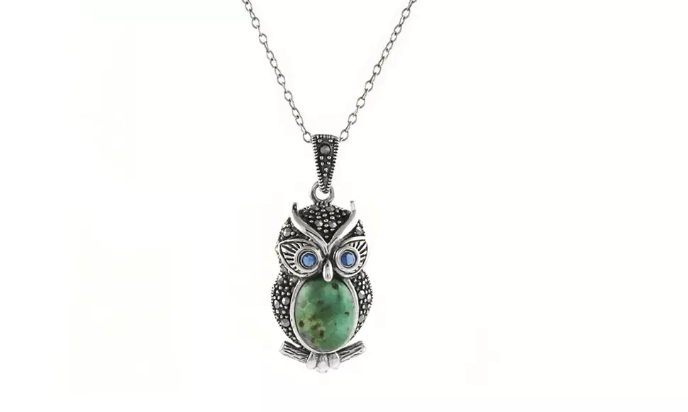 Genuine Marcasite Turquoise Owl Pendant with Crystals From Swarovski