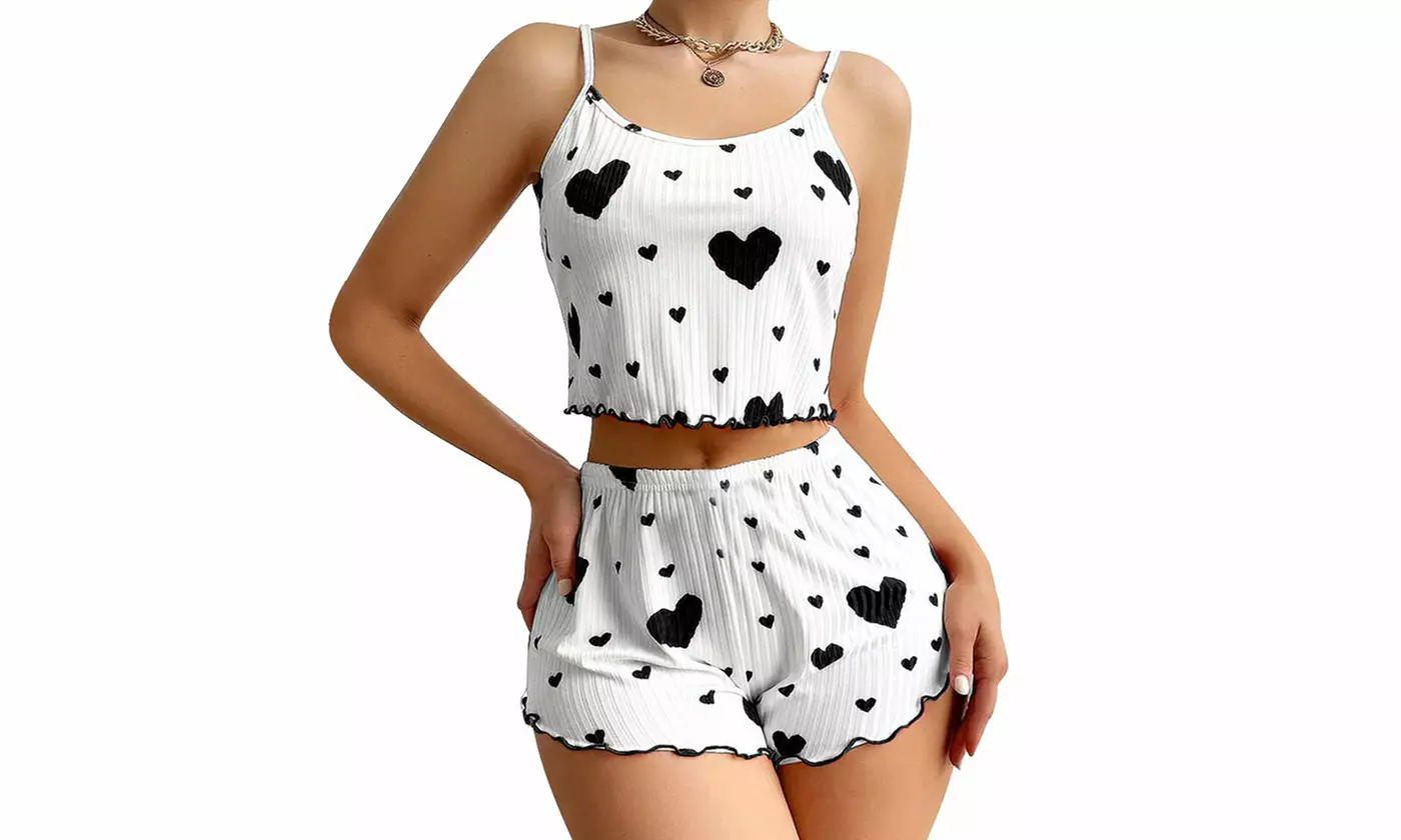 Women Cute Heart Printed Cami Top and Shorts Pajama Sets