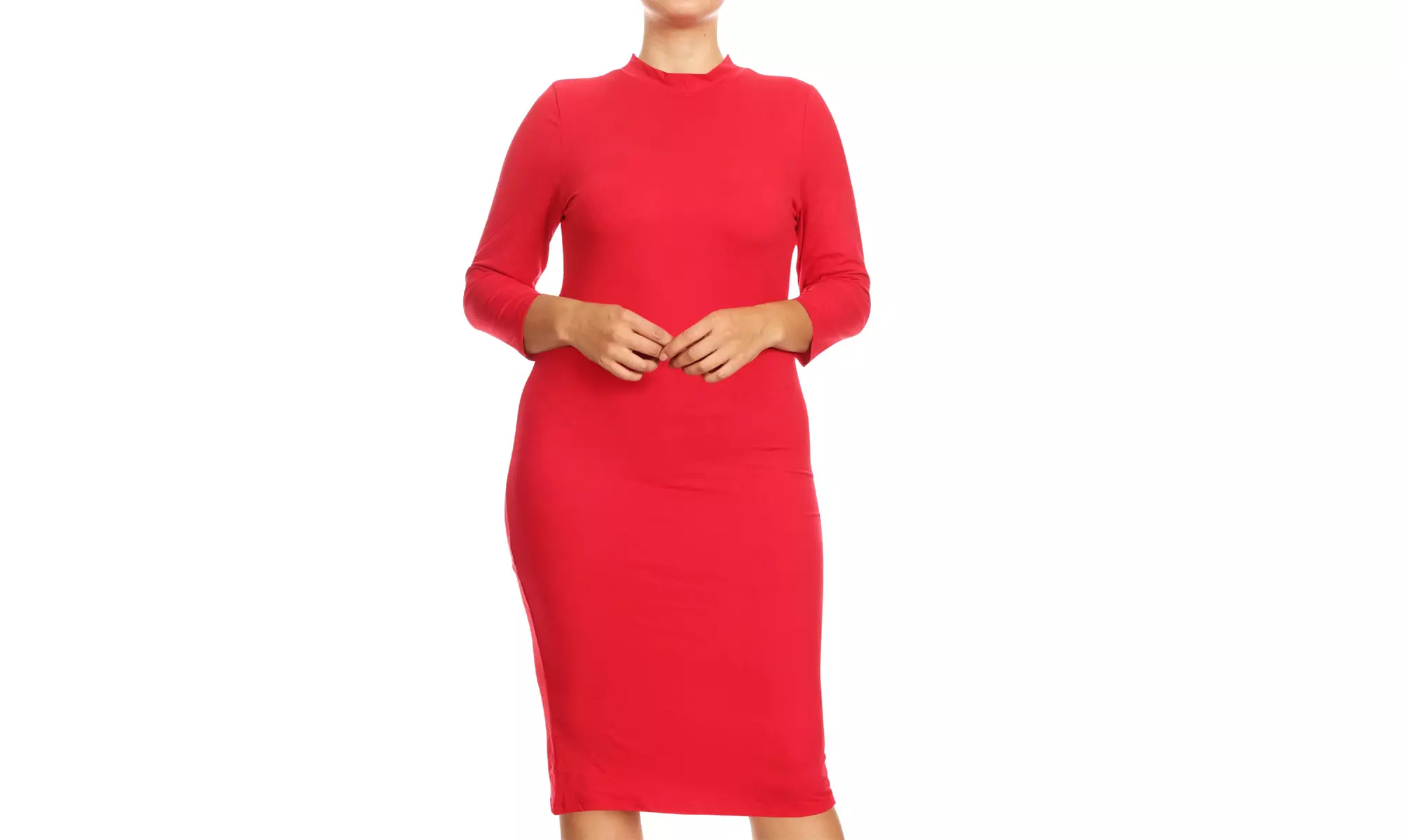 Women's Plus Size Mock Neck 3/4 Sleeves Casual Solid Bodycon Casual Mid Dress
