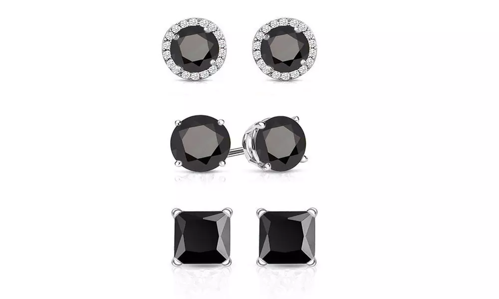 Set of 3 7.00 CTTW Black Stud Earrings With Crystals From Swarovski