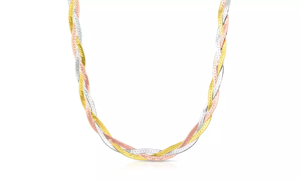 18" Braided Herringbone Necklace in Silver with Tri Color Plating - Primary Image