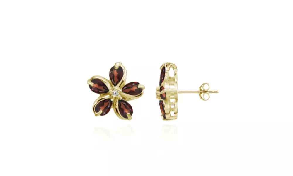 Polished Flower Garnet Stud Earrings in Gold Tone over Silver
