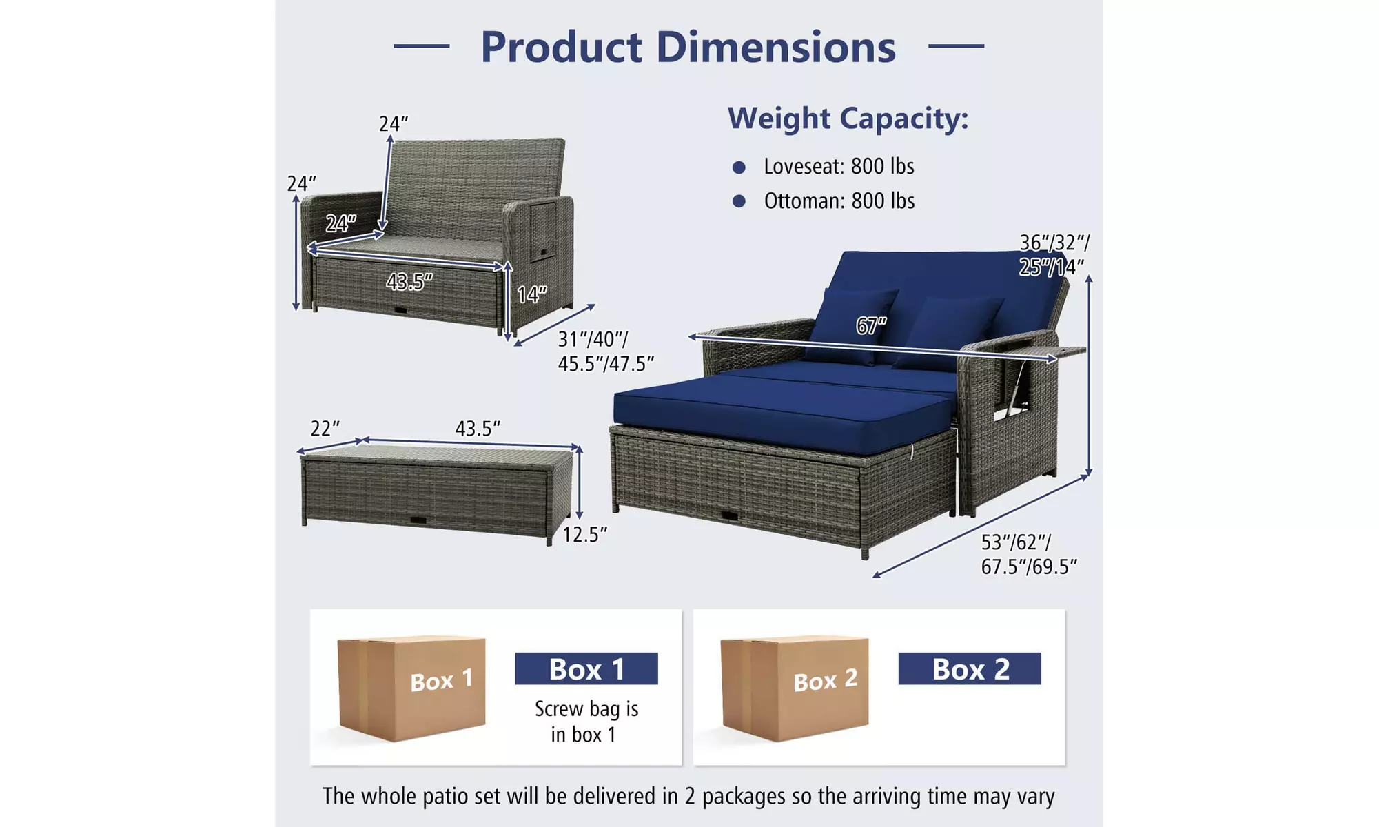  Costway Wicker Loveseat Sofa Set Patio Rattan Daybed with Ottoman & Side Tray