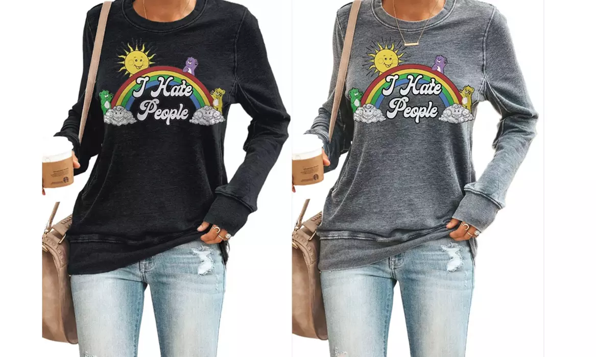 Women I Hate People Print Long Sleeve Shirt Vintage Crewneck Sweatshirt Tops - Primary Image