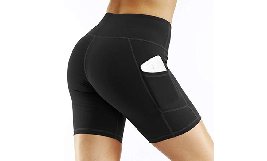 Image 1: Women's High Waist Workout Yoga Compression Shorts Tummy Control Side Pockets 
