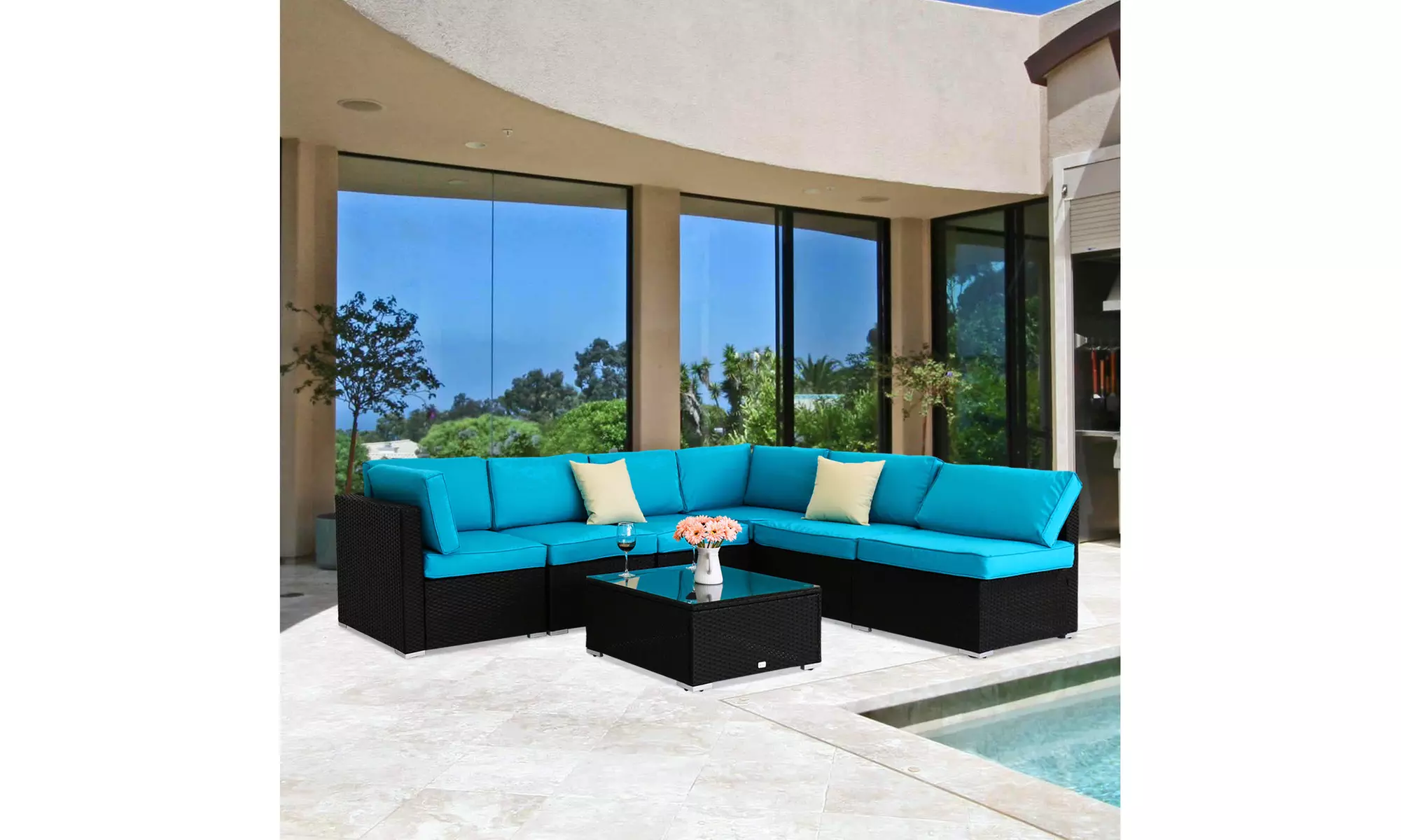 Kinsunny 7PCs PE Rattan Wicker Sofa Sets Outdoor Furniture Patio Sectional Sofa - Primary Image