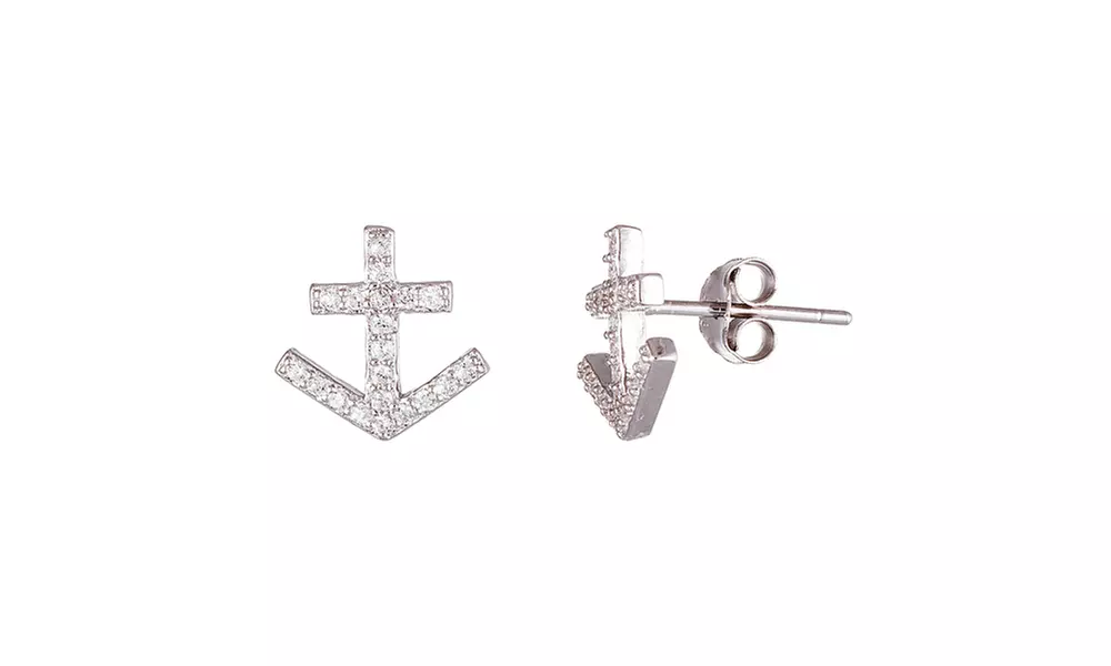 18K White Gold Swarovski Elements Anchor Stud Earring - Primary Image