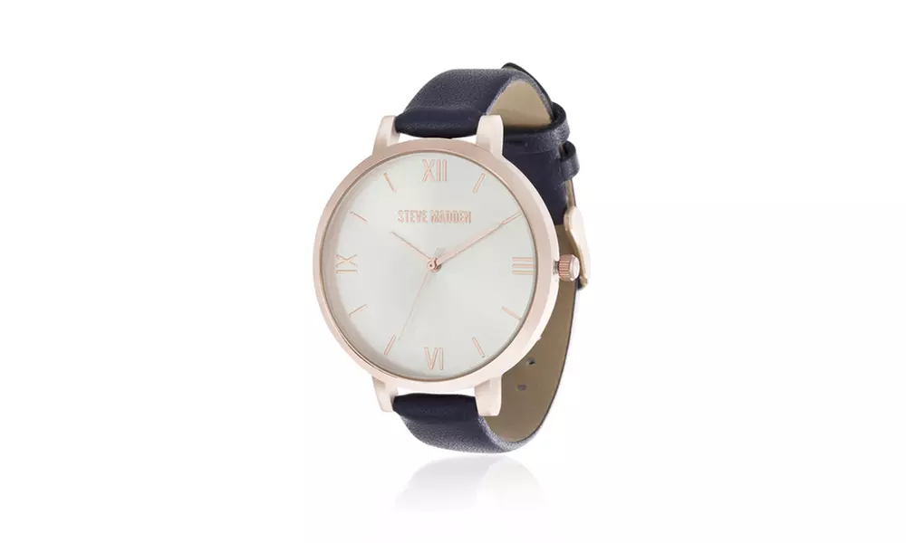 Steve Madden Roman Numeral White Dial Leather Strap Watch - Second Medium