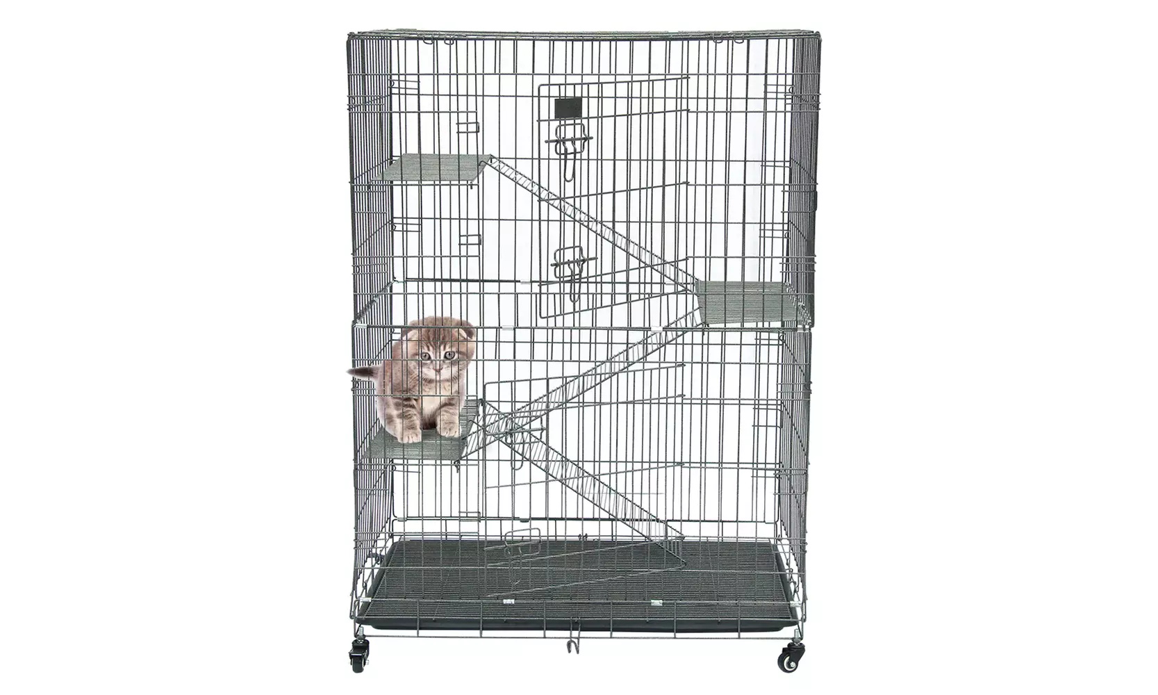 Folding Pet Crate House, Large Cat Home Cages for Indoor Outdoor with 3 Ladder - Primary Image