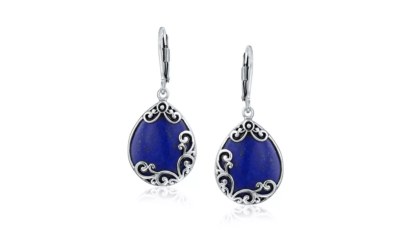 .925 Silver Lapis Teardrop Scroll Dangle Leverback Earrings - Primary Image