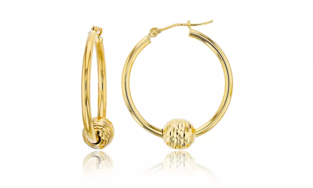 14K Yellow Gold 7mm Diamond Cut Ball 25x2mm Hoop Earring - Second Medium