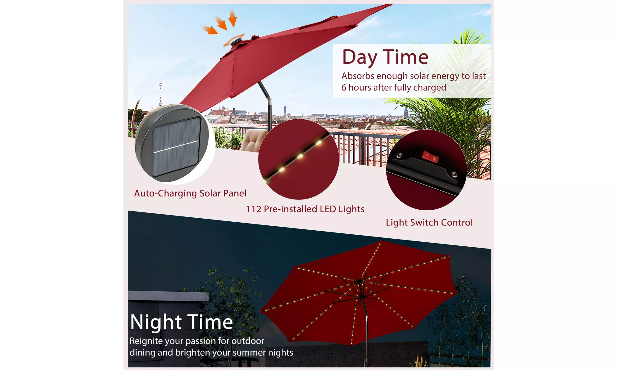 Costway 10 FT LED Solar Lighted Patio Umbrella With Crank Tilt