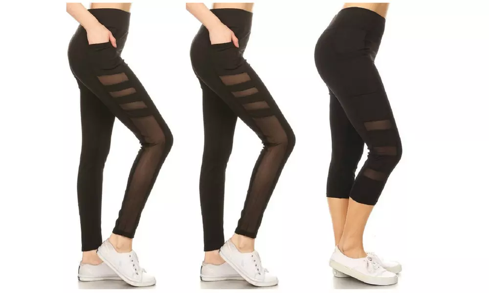 Women's High Waisted Mesh Insert Capri & Full Length Leggings(3-Pack) - Image 4