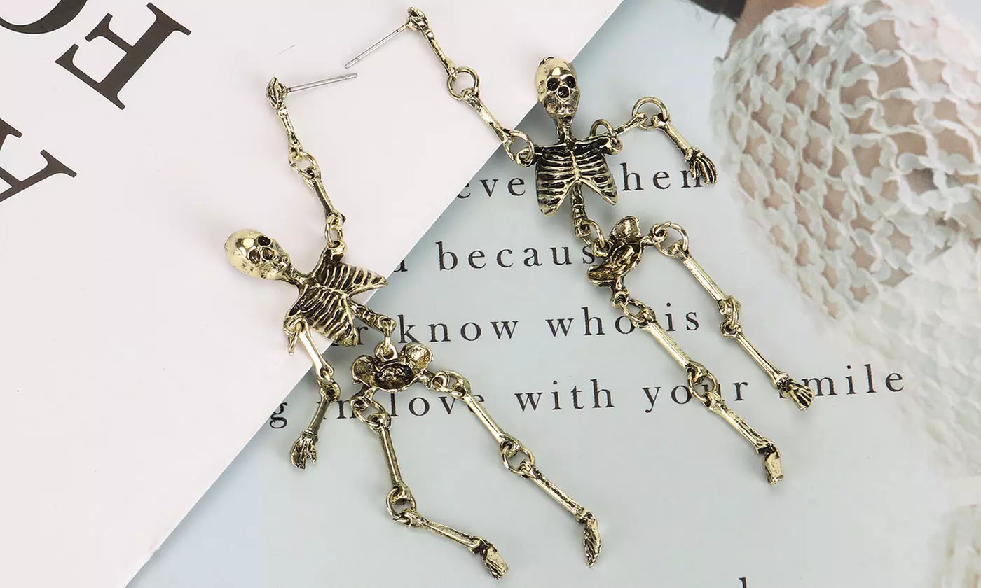 Costume Halloween Hanging Skeleton Drop Stud Earrings