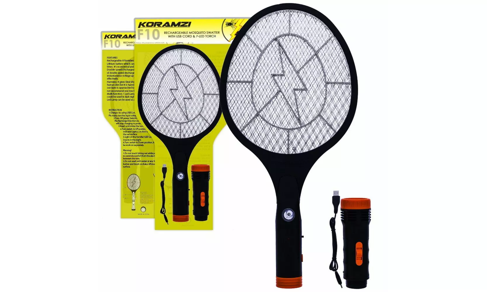 Electric Mosquito Swatter Bug Zapper W Rechargeable Battery Removable Flashlight