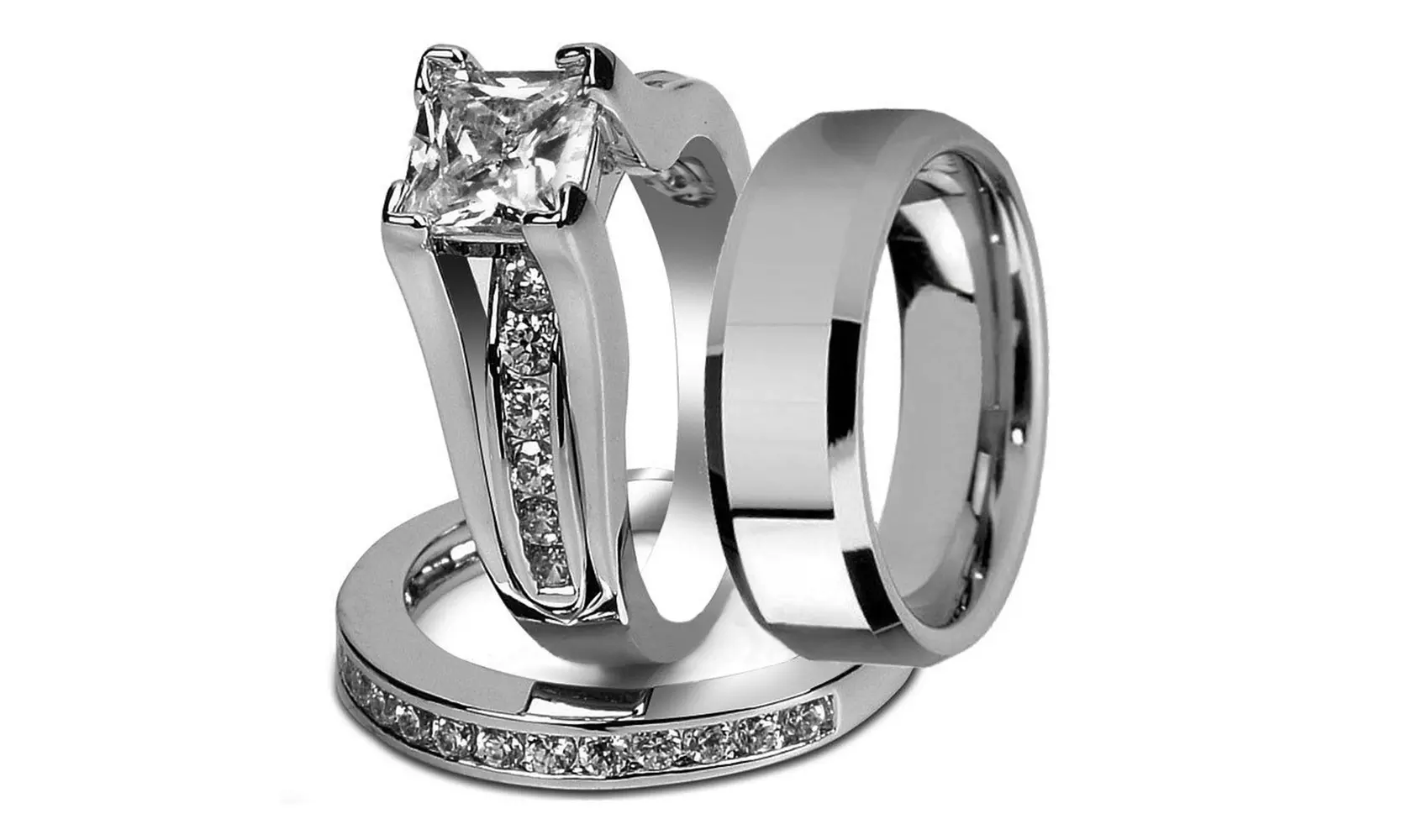 His & Hers Stainless Steel Princess Cut Wedding Ring Set & Men's Band - Primary Image
