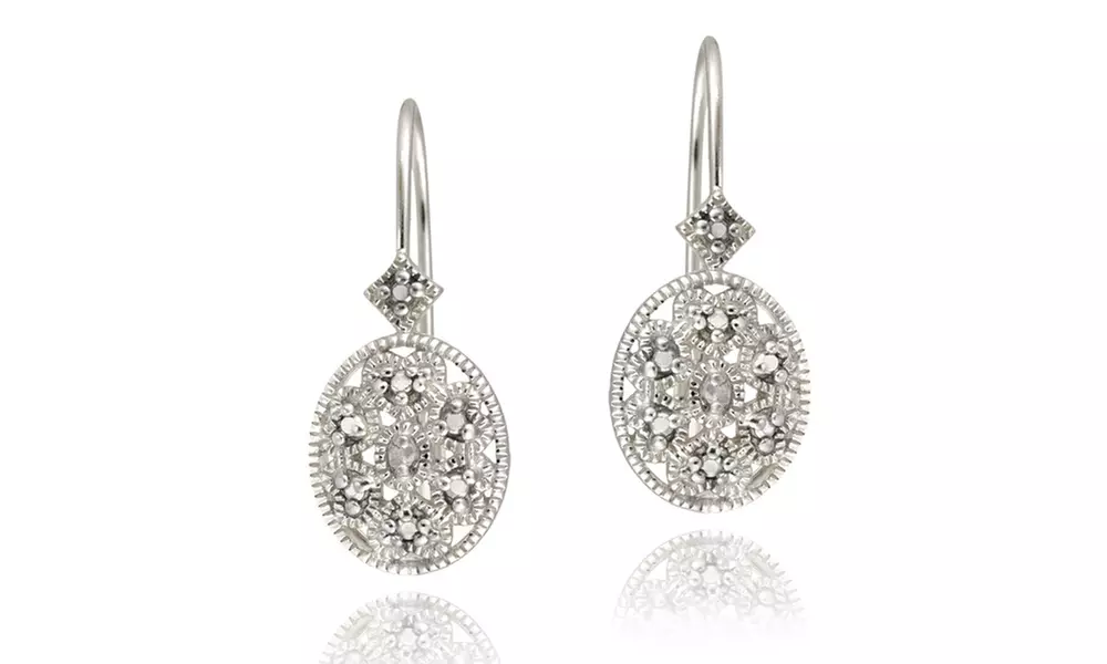 Diamond Accented Filigree Oval Leverback Earrings in Sterling Silver - Primary Image