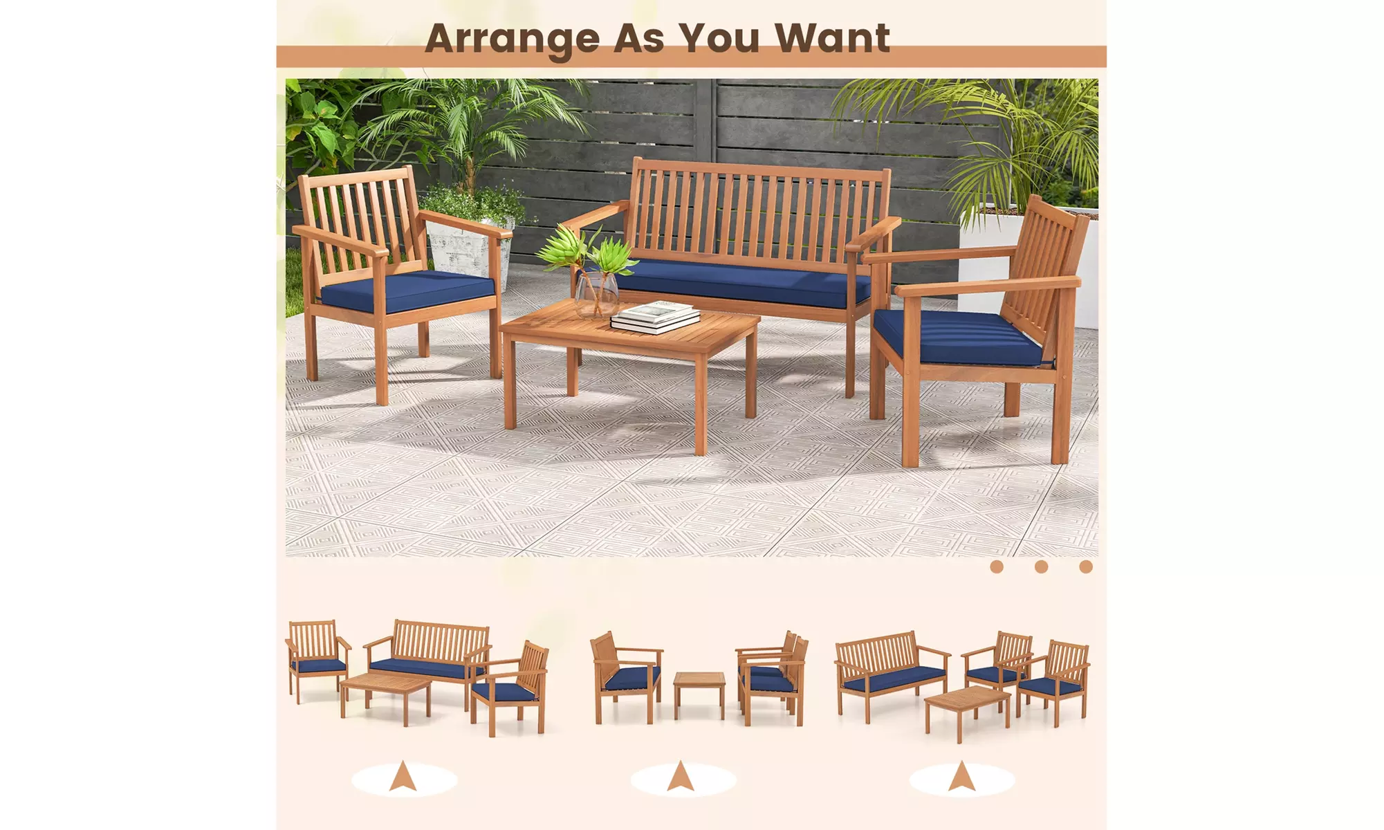 Costway 4 PCS Patio Wood Furniture Set with Loveseat, 2 Chairs & Coffee Table