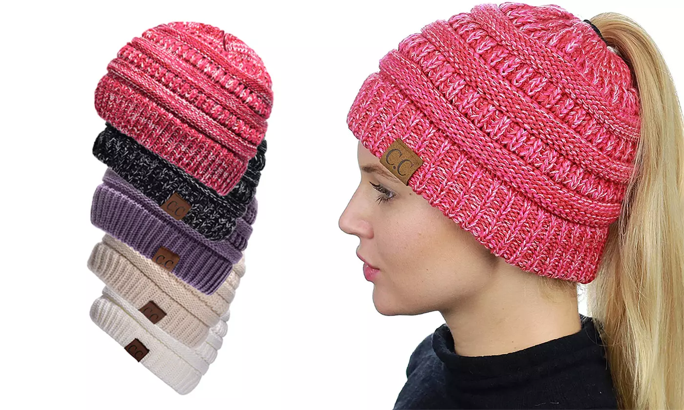 Cold Winter Warm Knitting Trendy CC Ponytail Beanies Hats Caps for Women - Primary Image