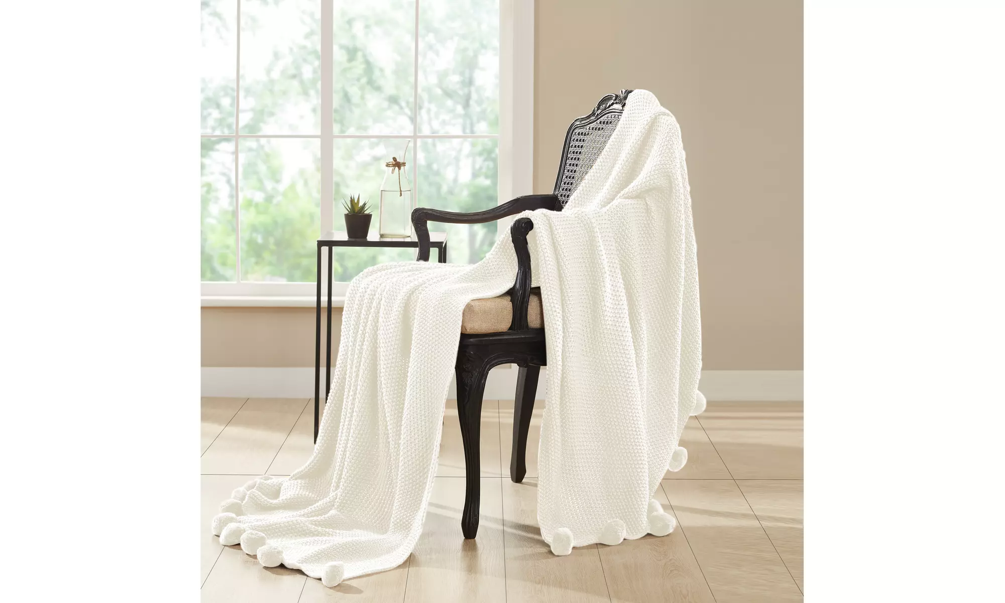 Ellis Knit Throw With Pom Poms - Primary Image