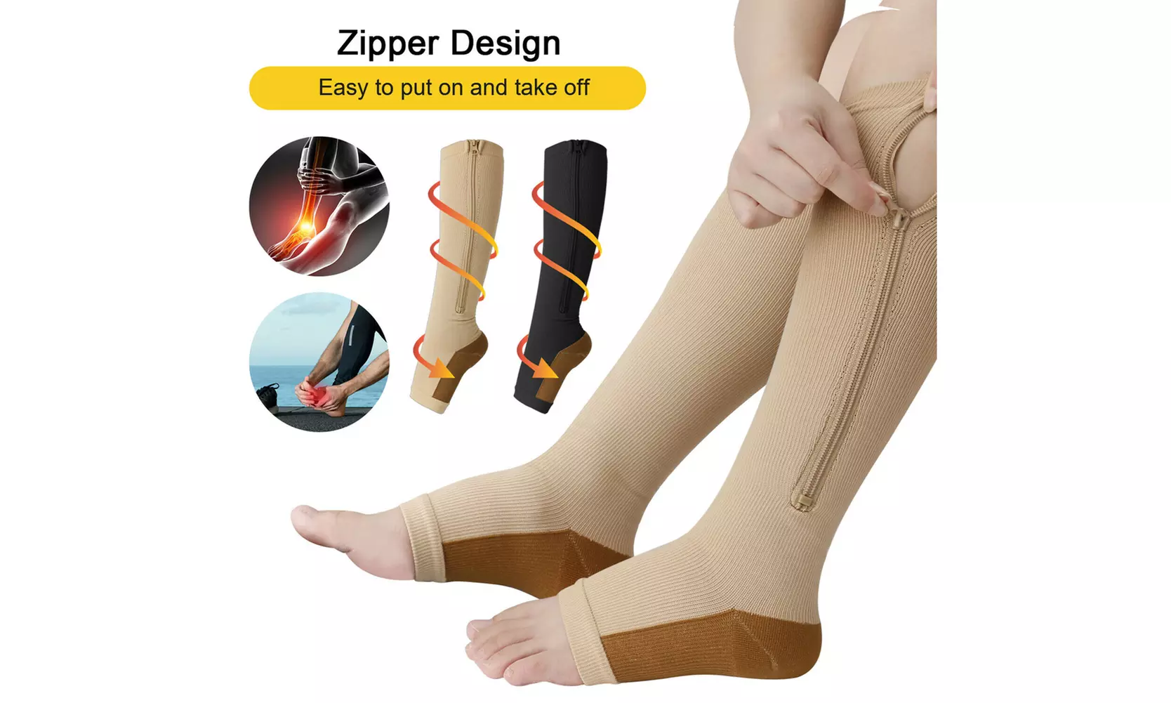 US 3 Pair Zipper Pressure Compression Sock Pain Relief Toeless Calf Leg Stocking