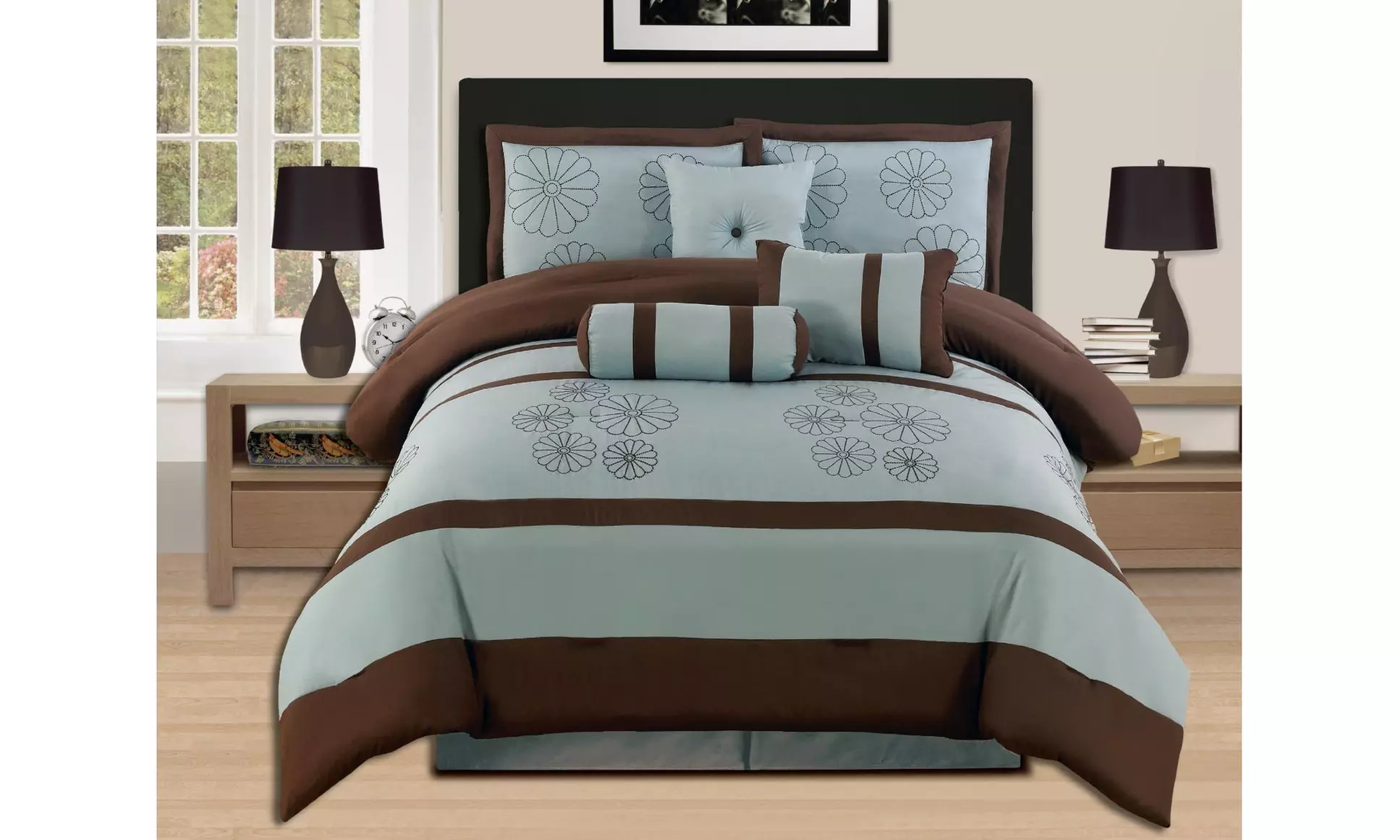 7 Pieces Brown Aqua Blue or Sage Embroidery Comforter Set Bed-in-a-bag  - Primary Image
