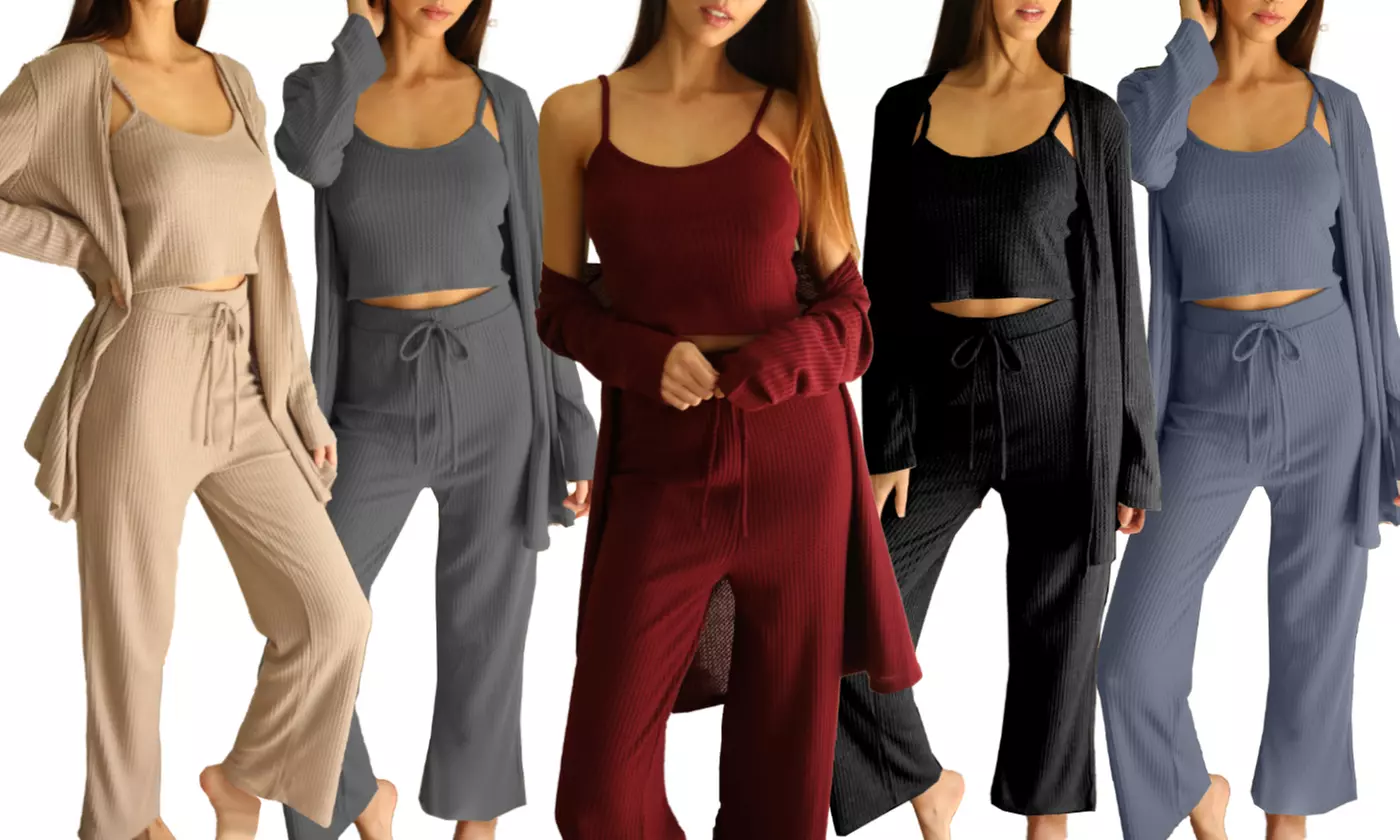Doublju Women's Lounge Set 3pc w/ Crop Tank Top, High Waist Pant and Cardigan - Primary Image