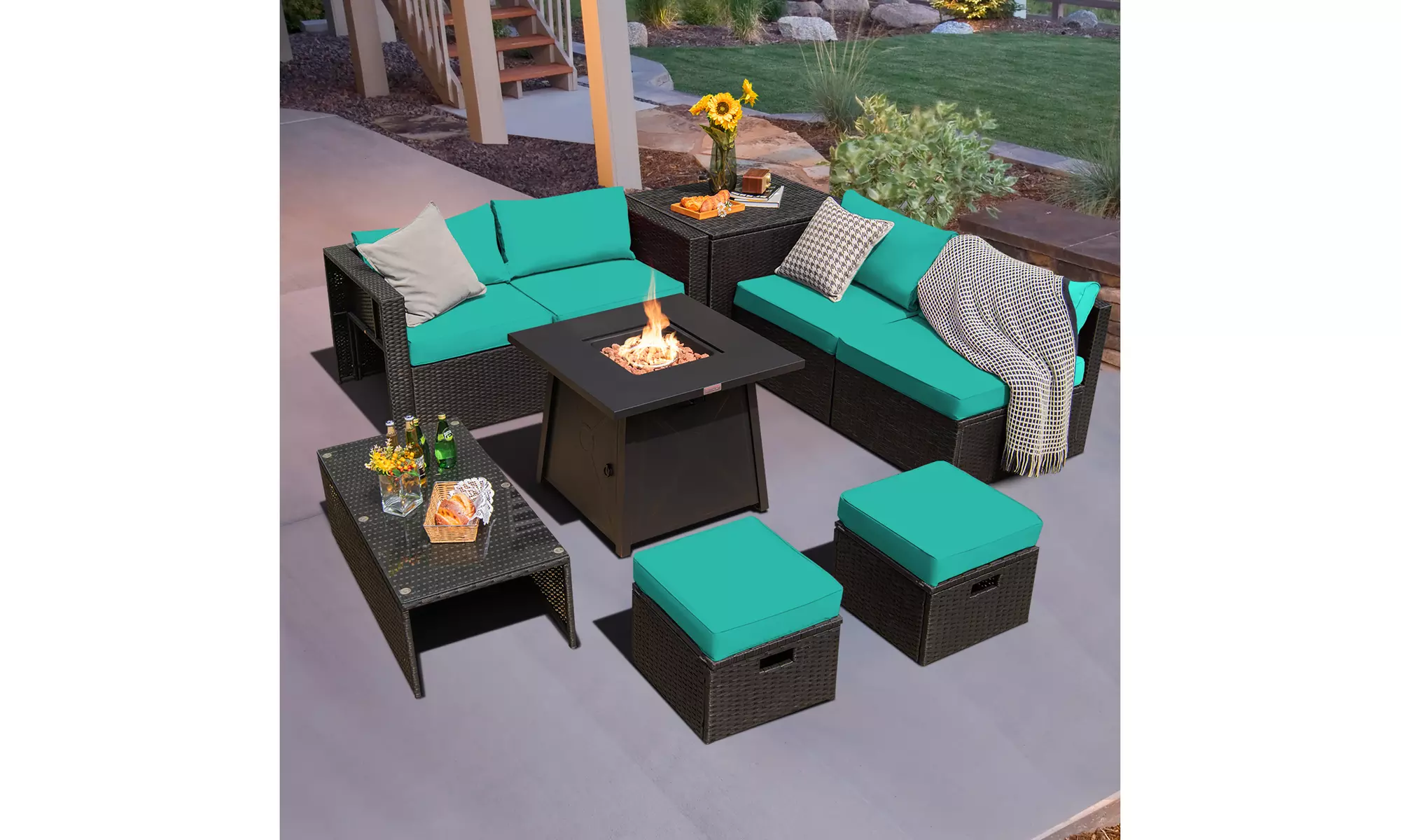 Costway 9PCS Patio Rattan Furniture Set Fire Pit Space-saving W/Cover  Cushion