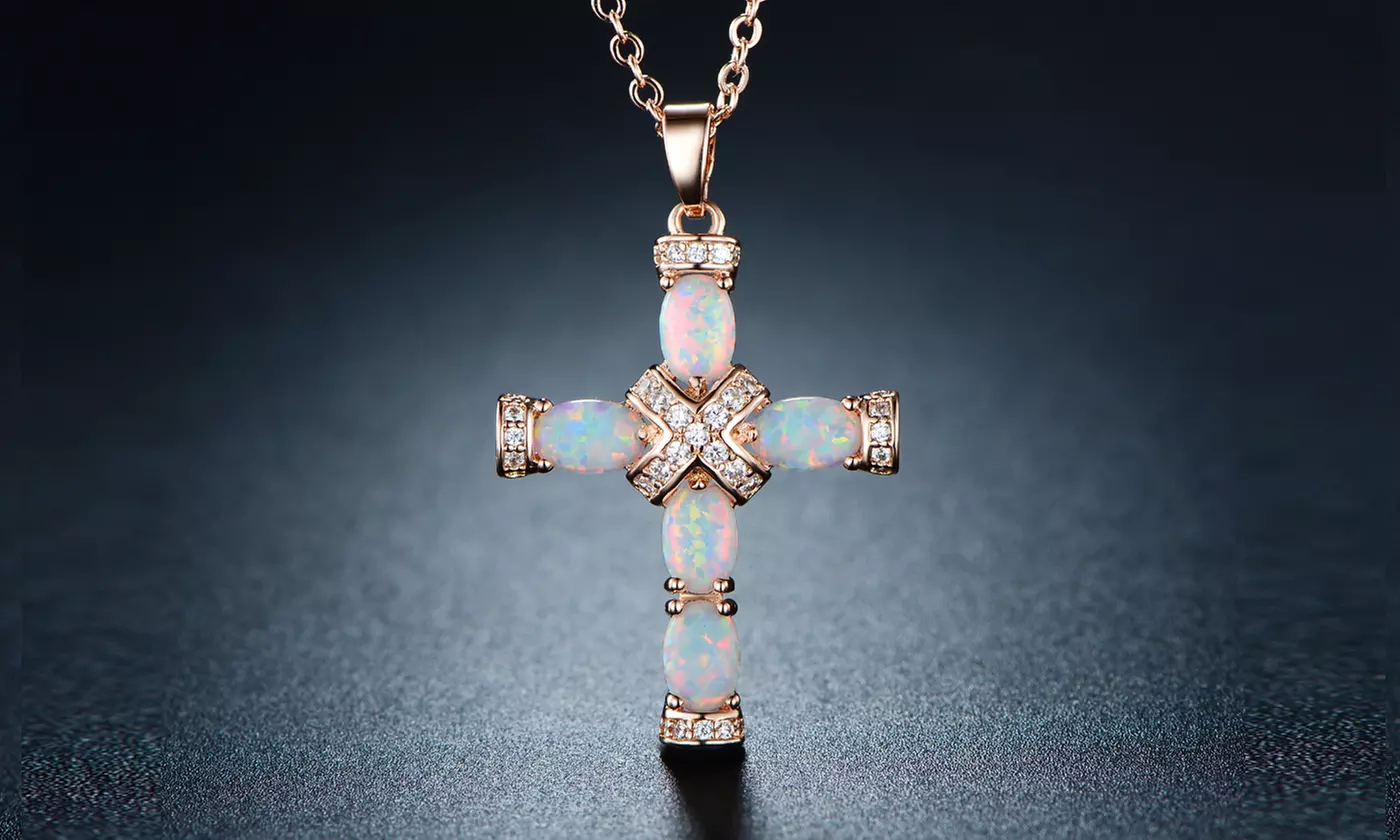 18K Rose Gold Plating & Fire Opal Cross Pendant - Religious Jewelry