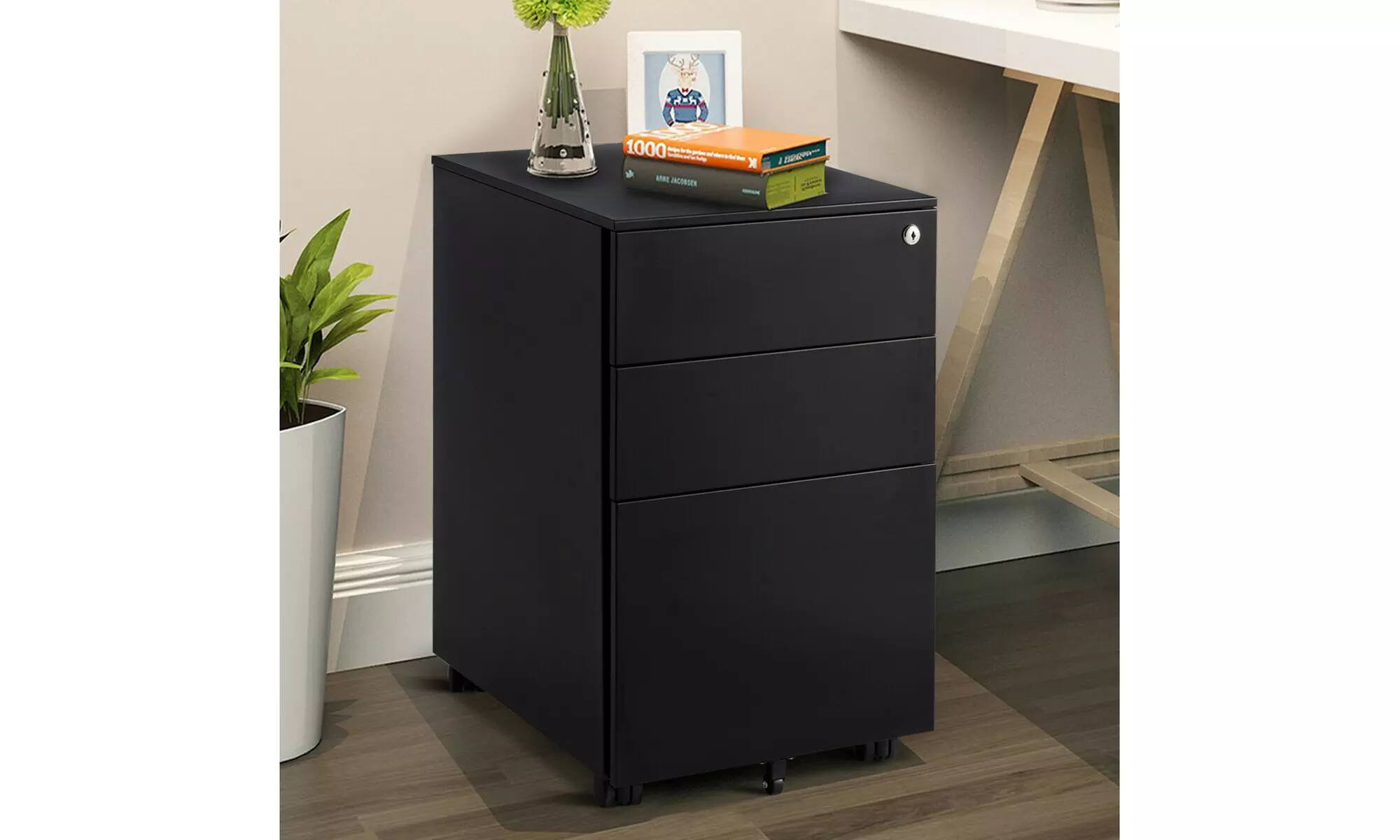 Costway Locking Filing Cabinet-Black,Pedestal Under Desk W/Wheels and Drawers