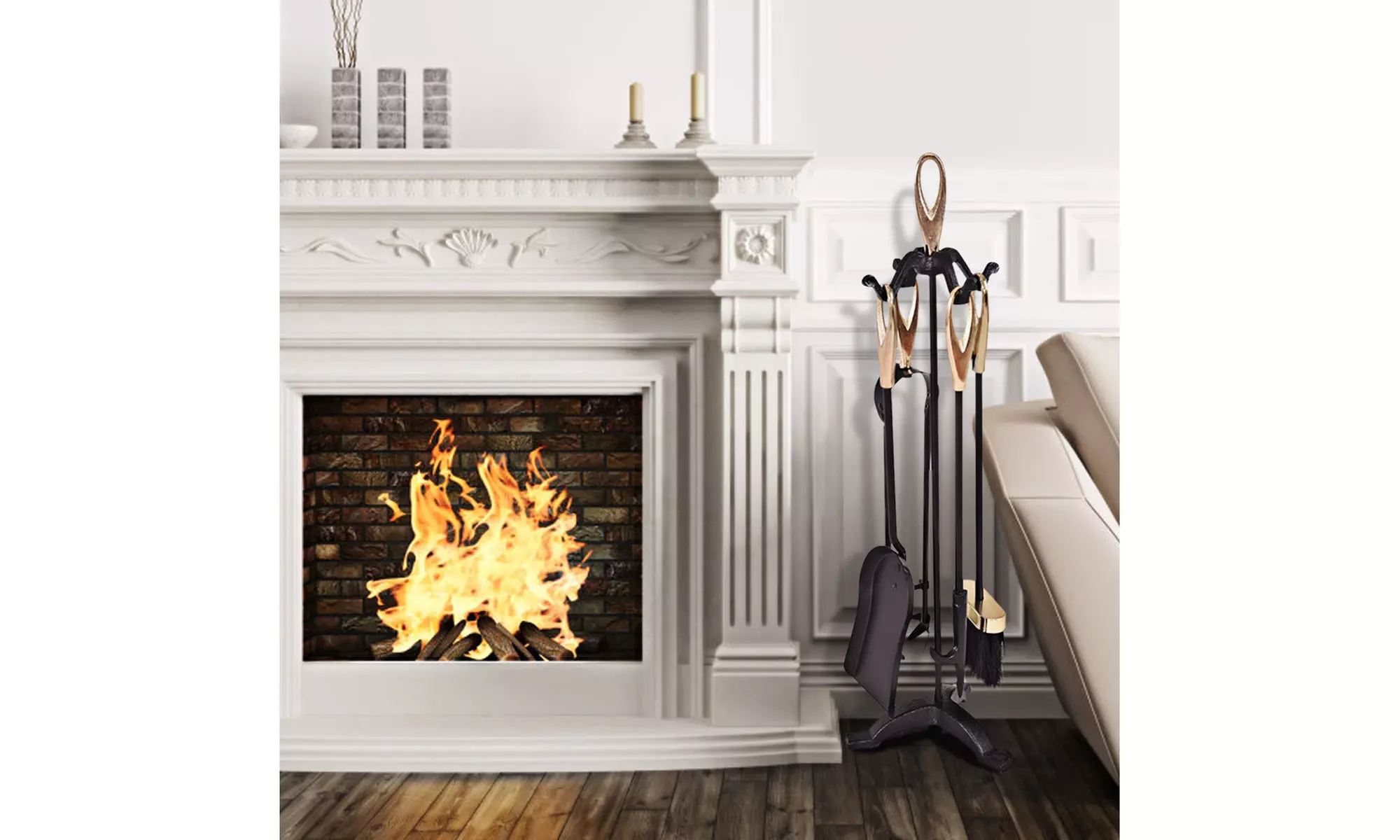 5PCS Hearth Tool Fireplace Set Fire Tools Set Black Brass Home 25" Pedestal Base - Primary Image