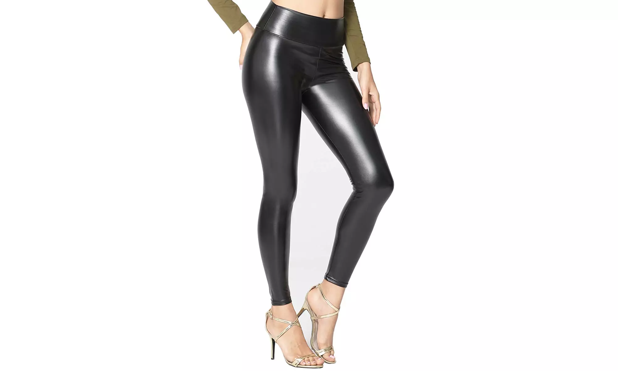 Women's Stretchy Faux Leather Leggings Pants, Sexy Black High Waisted Tights - Primary Image