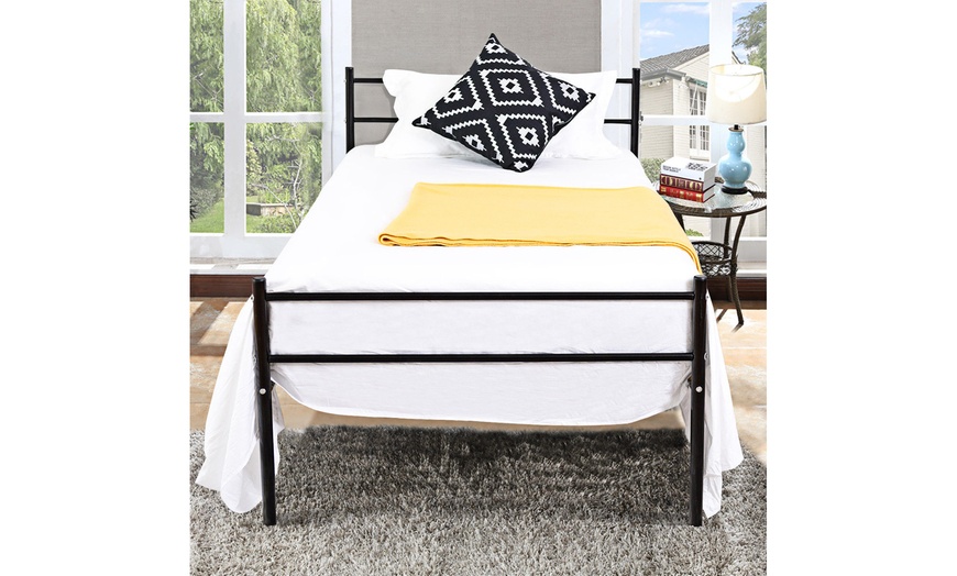Image 8: Black Twin Size Metal Bed Frame Platform 6 Legs Headboards Furniture
