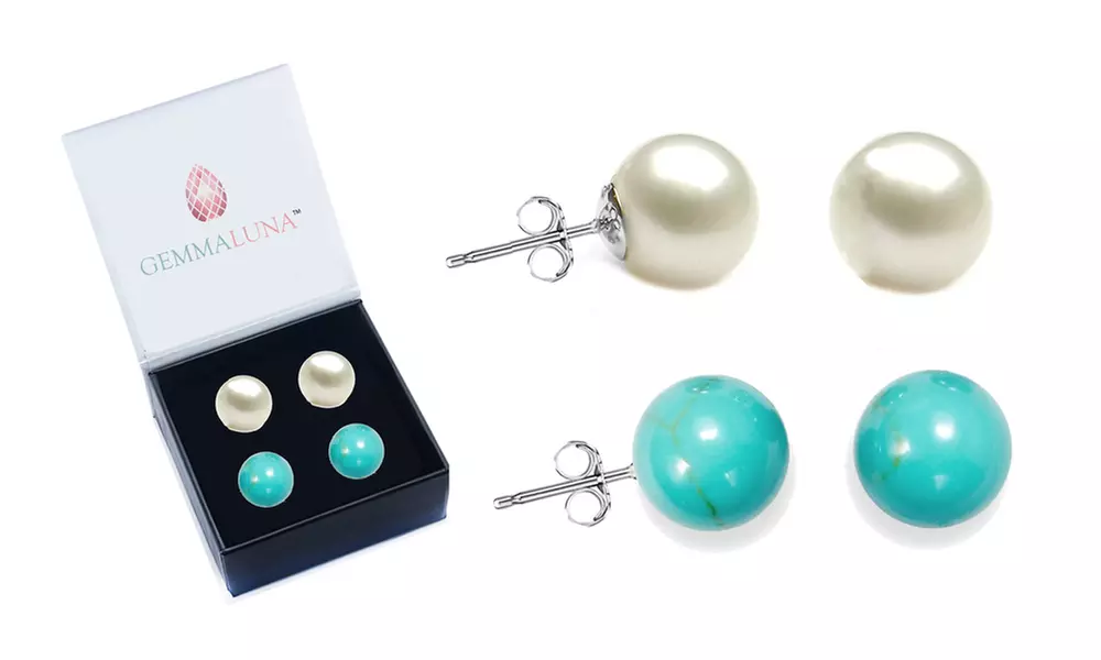 8 CTTW Genuine Turquoise Ball and Pearl Stud Earrings Set (2 Pack)