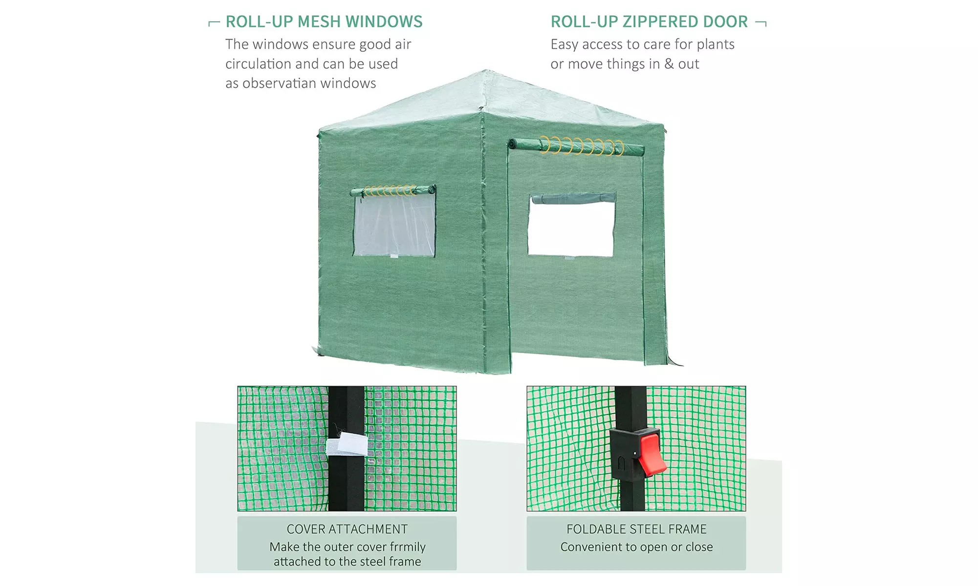 Foldable Greenhouse Shed with Plastic-Sprayed Iron Frame and PE Mesh Cover Green