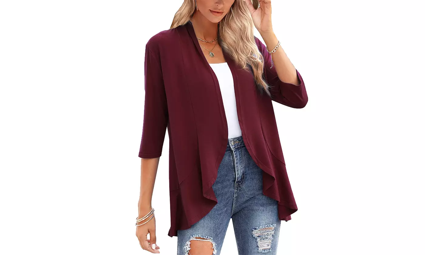 Women's Casual Lightweight Open Front 3/4 Sleeve Cardigans Soft Draped Ruffles