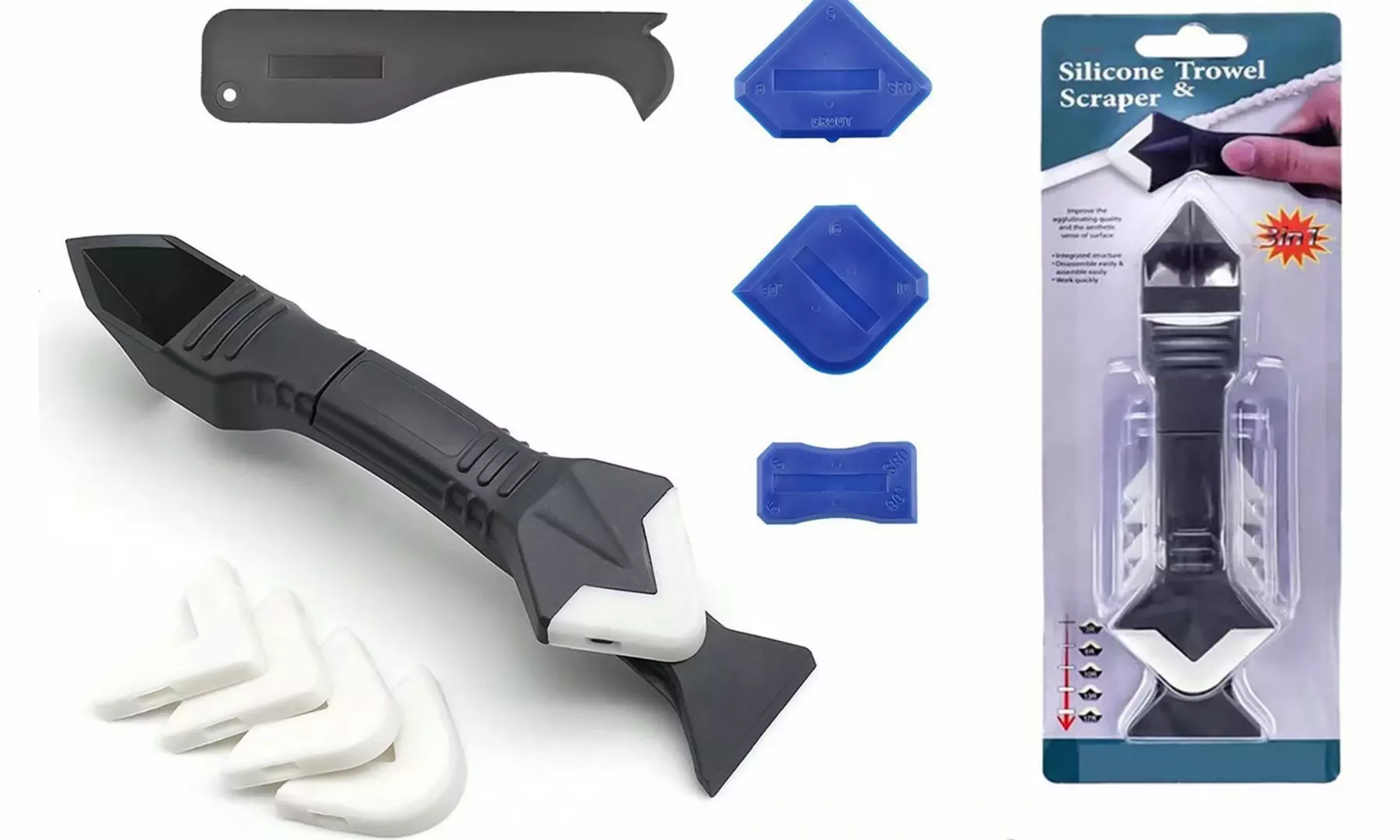 3 In 1 Silicone Caulking Tool Kit with Caulk Remover Glass Glue Angle Scraper - Primary Image