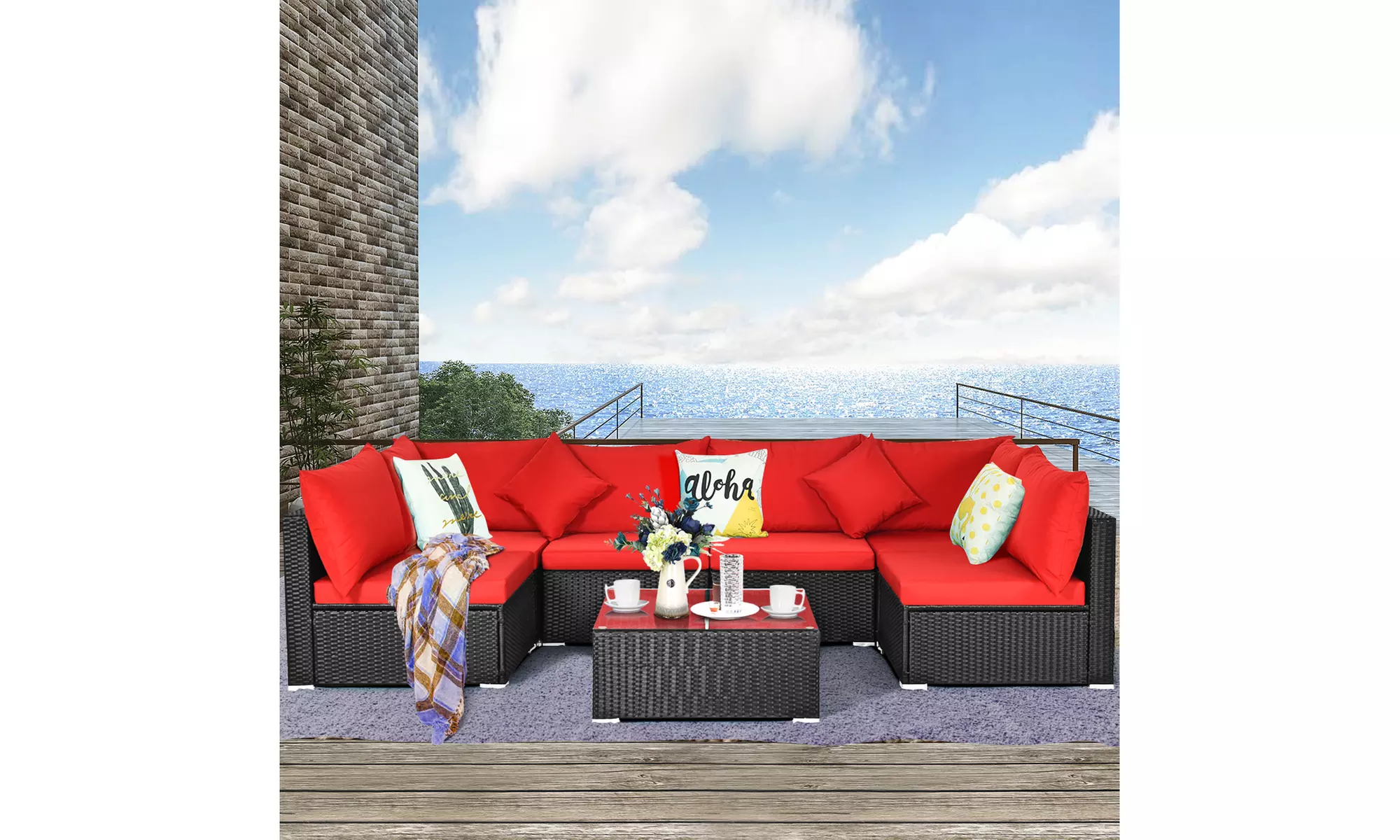 Costway 7PCS Patio Rattan Sofa Set Sectional Conversation Furniture Set Garden