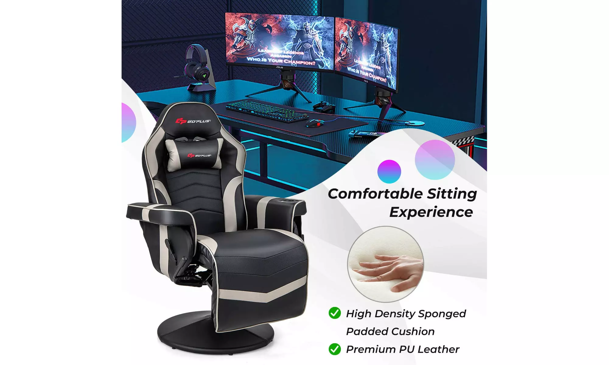 Costway Massage Gaming Chair - Adjustable Racing Swivel Chair with Cup Holder