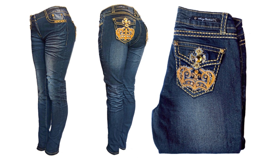Image 4: Mid-Rise Sexy Skinny Denim Lift Jeans with Gems & Rhinestones