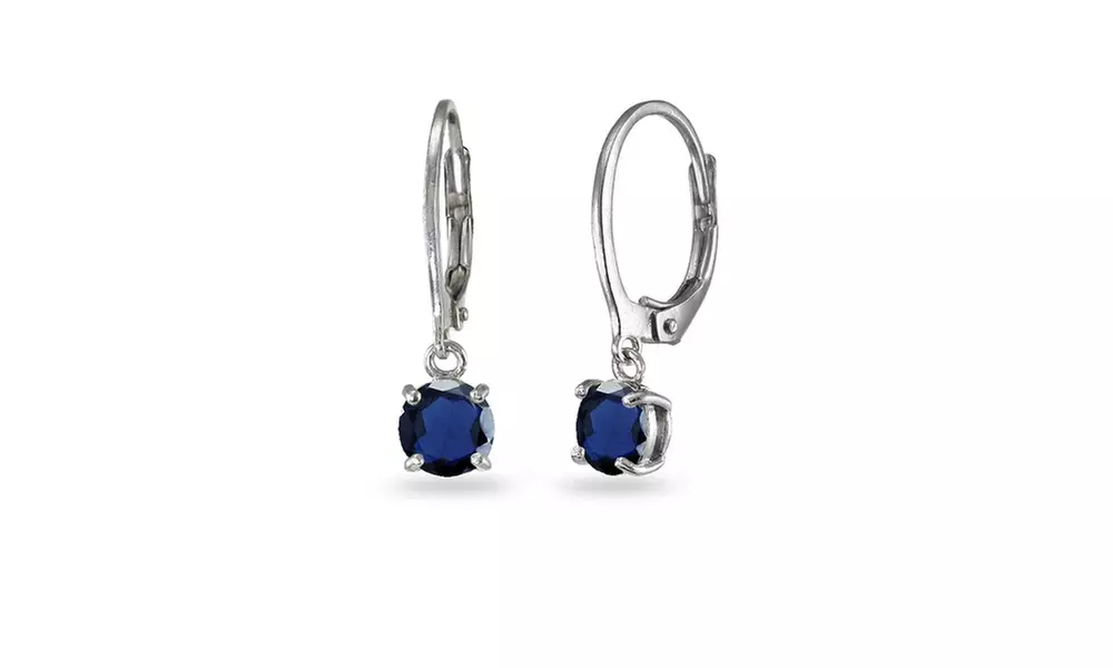 Sterling Silver Created Blue Sapphire 6mm Round Dangle Leverback Earrings - Primary Image